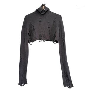 Dolls Kill Widow Cropped Black Extra Long Sleeves Turtleneck Sweater Size M/L